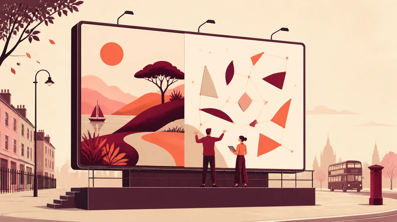 Flat illustration of a UK high street billboard: the left half shows a finished advertising poster, the right half is still assembling itself from geometric fragments linked by a glowing network of AI nodes, while two small figures at the base direct the composition.
