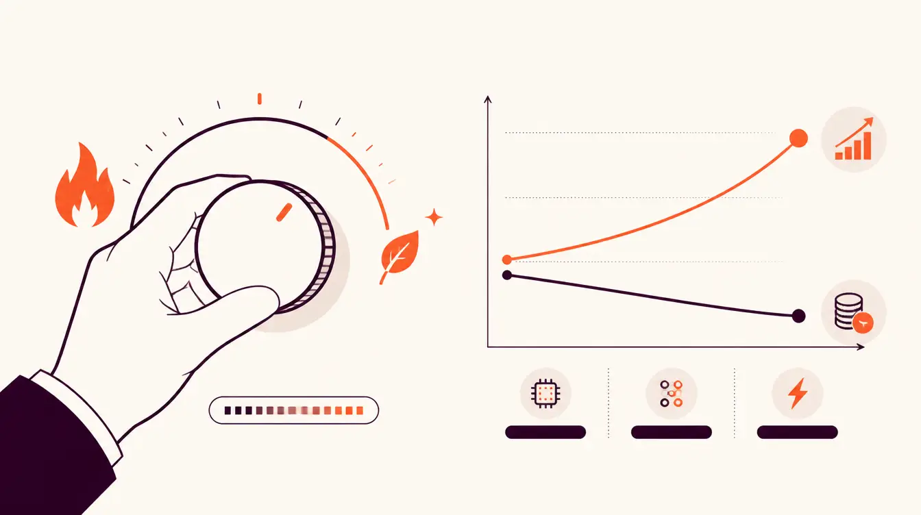 Illustration of AI frugality: a dial being turned toward efficient use while output rises and cost per task falls