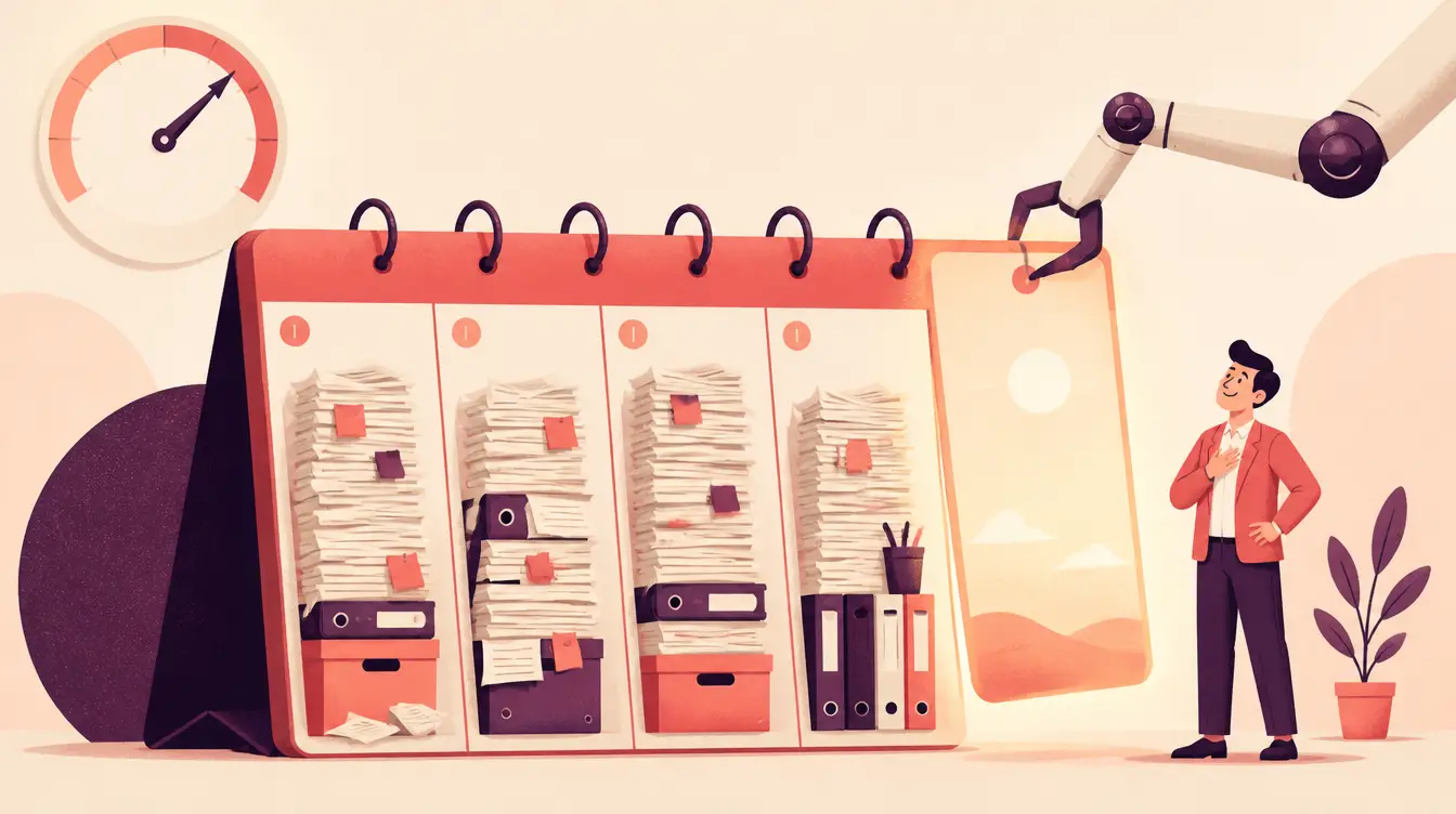 Illustration of a weekly calendar where one day is being lifted free by a robotic arm, symbolising the extra day per week AI productivity gains give UK business owners