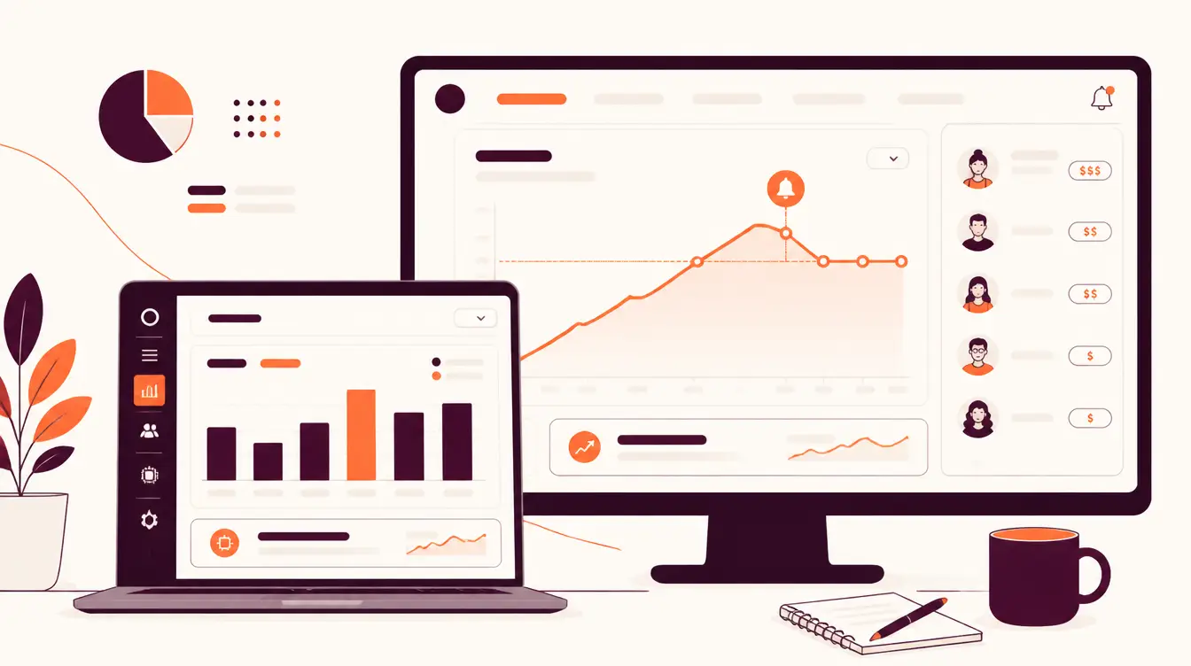 Illustration of an AI spend admin analytics dashboard showing cost per team, a spend curve with an alert marker, and per-user cost tags