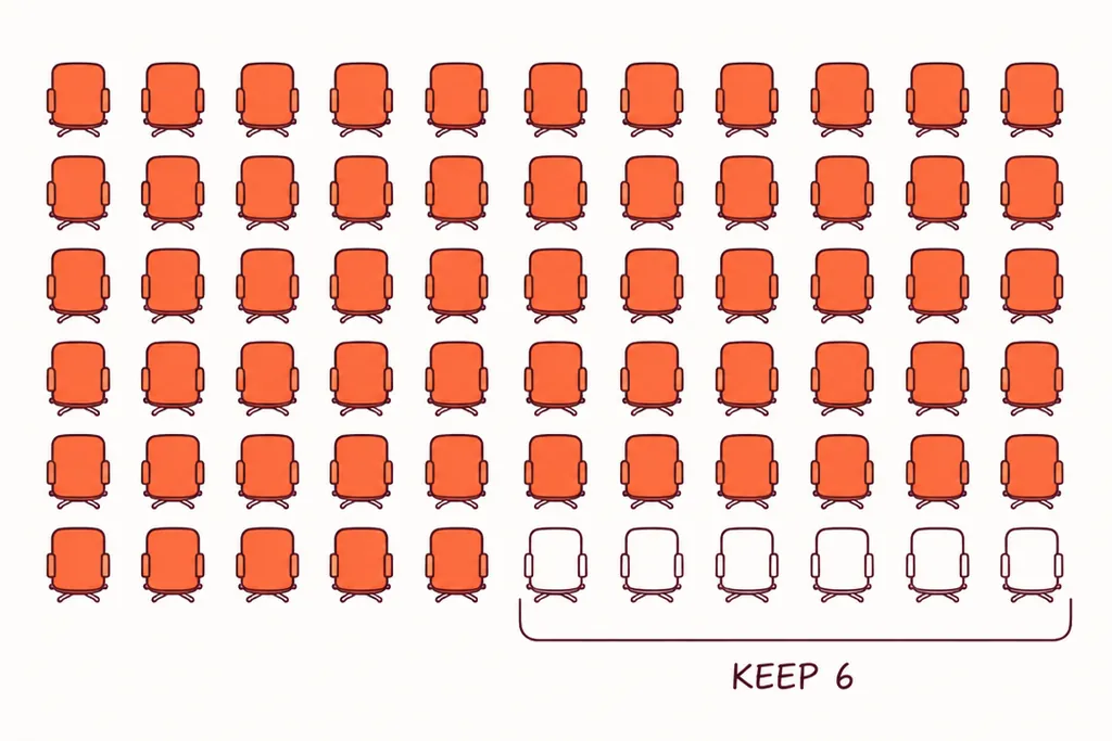 Illustration: a grid of office chairs seen from above, most filled orange, six outlined in wine at the bottom right with a bracket labelled KEEP 6.