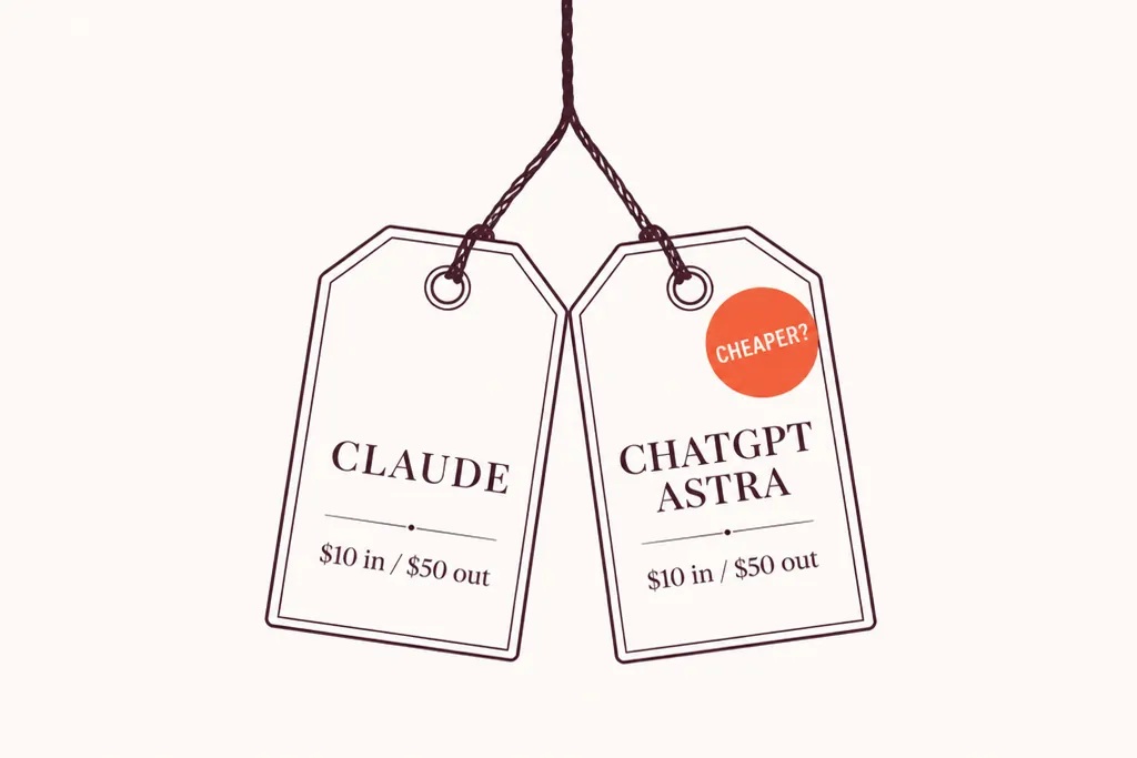 Illustration: two identical paper price tags on one string. The left reads CLAUDE, $10 in / $50 out. The right reads CHATGPT ASTRA, $10 in / $50 out, with an orange sticker asking CHEAPER?