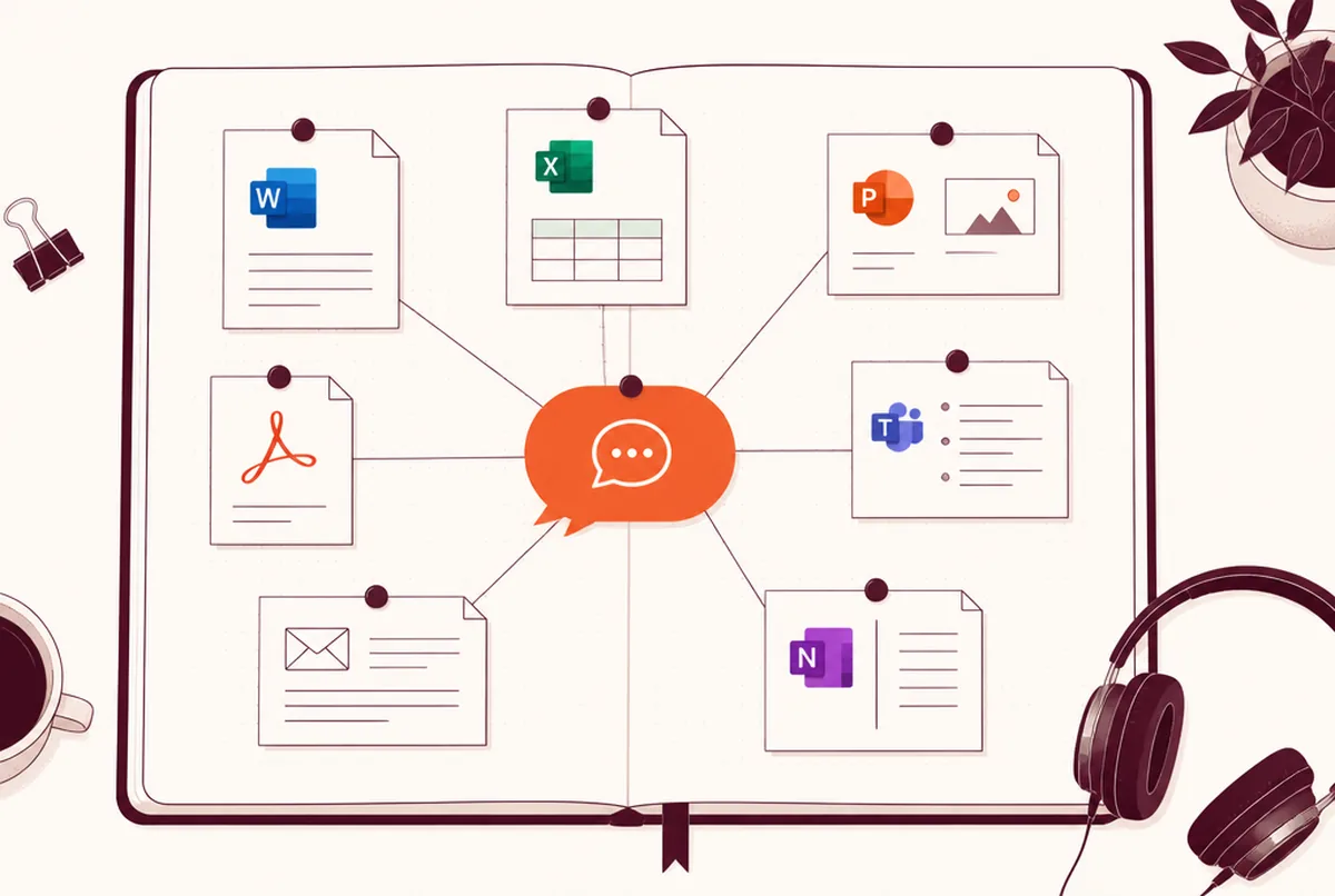 Illustration: an open notebook with Word, Excel, PowerPoint, PDF, Teams, email and OneNote documents pinned around one orange chat bubble, with headphones and a coffee cup beside it.