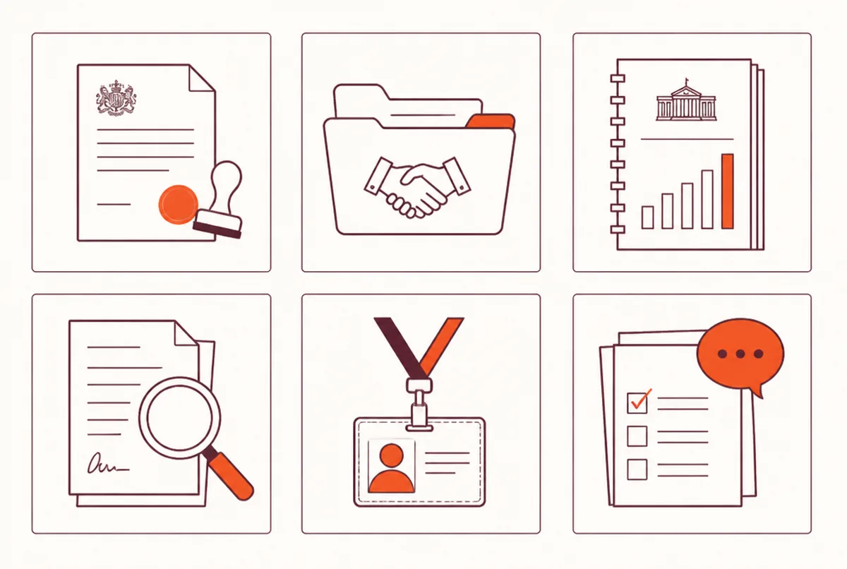 Six line-drawn cards: a stamped tender document, a client folder with a handshake, a board pack with a bar chart, a contract under a magnifying glass, a new-starter badge on a lanyard, and survey forms with a speech bubble.