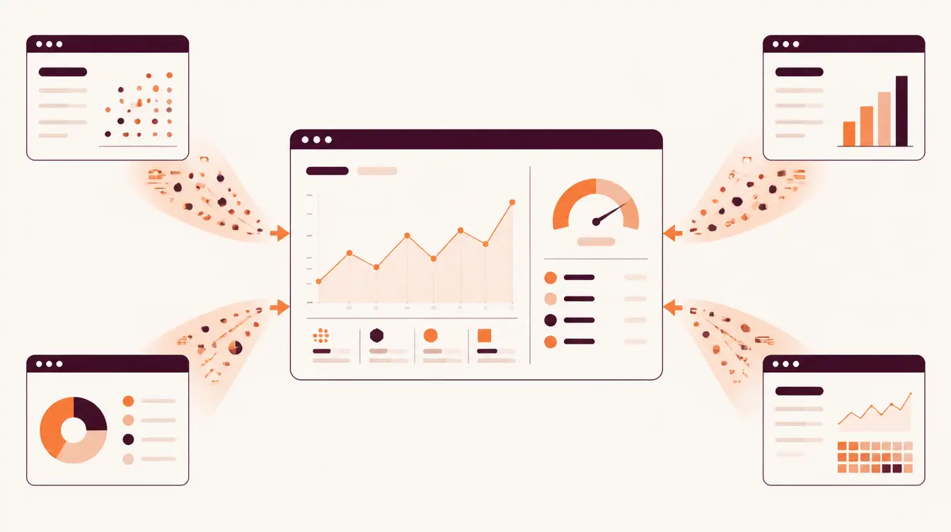 Illustration of four application windows streaming usage data into one unified cross-platform AI spend dashboard with a consolidated chart and cost gauge