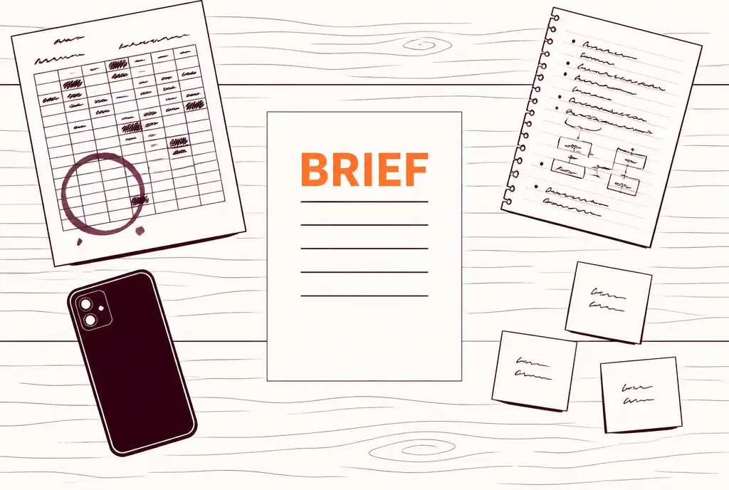 Illustration: a desk seen from above with a coffee-stained spreadsheet, handwritten meeting notes and sticky notes, and one clean sheet headed BRIEF in the middle.