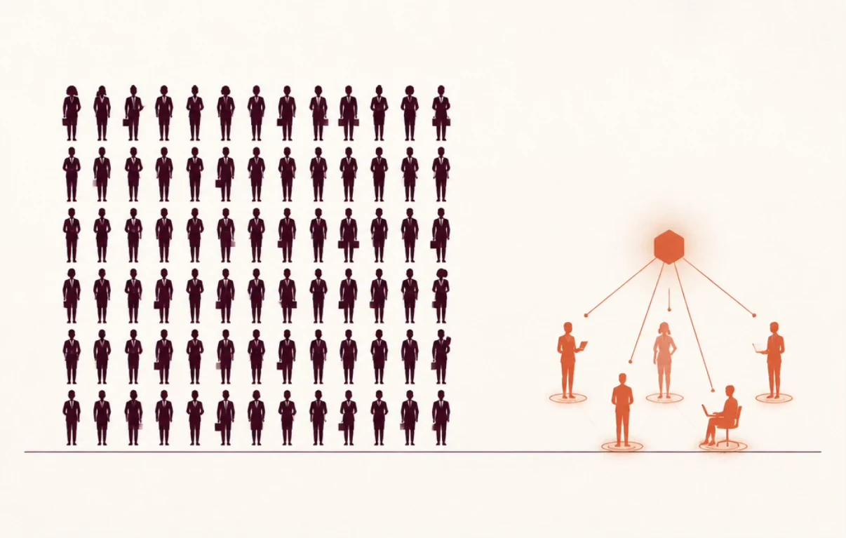 Illustration of the AI adoption gap: a large grid of dark silhouetted office workers representing the roughly 91% of companies paying for AI licences, next to a small cluster of orange figures connected to an AI system, representing the roughly 21% of employees who actually use those tools in their work.