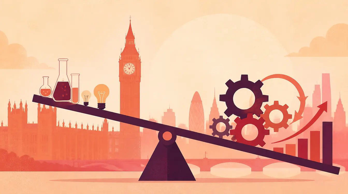 Illustration of a seesaw at its tipping point: small AI experiments on one side outweighed by large-scale AI operations, gears and rising charts on the other, with a UK skyline behind
